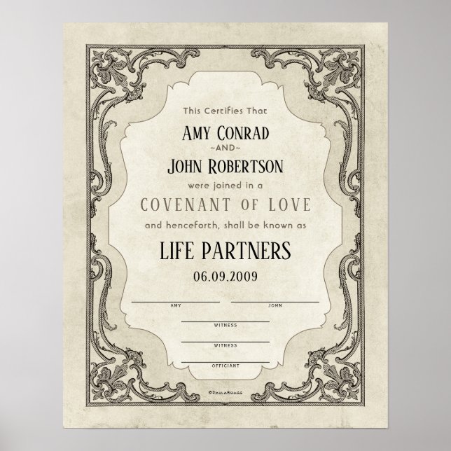 Verziertes Scroll Border Wedding Certificate Poster (Vorne)