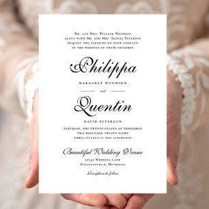 Verziertes Skript für Schwarz-Weiß-Hochzeit Einladung