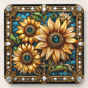 Verziertes Sonnenblumenwerk Gerahmt in Gold Getränkeuntersetzer