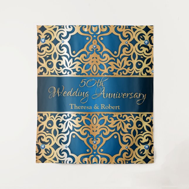 Verziertes Vintages Gold und Blauer Juwelier Jubil Wandteppich (Vorderseite)