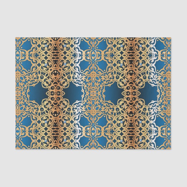 Verziertes Vintages Shiny-Gold- und Blue-Juwelier- Seidenpapier (Vorderseite)