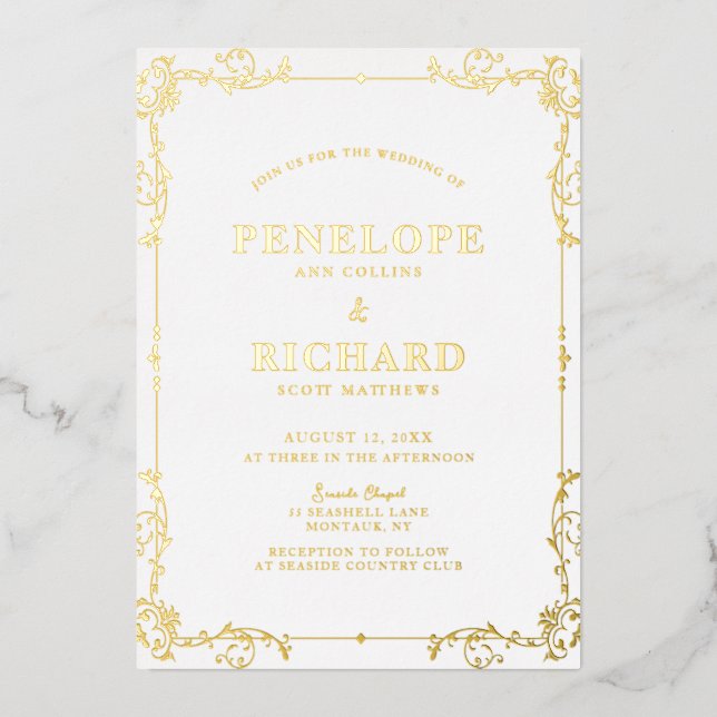 Verziertes Vintages Swirl Border Wedding Gold Folieneinladung (Vorderseite)