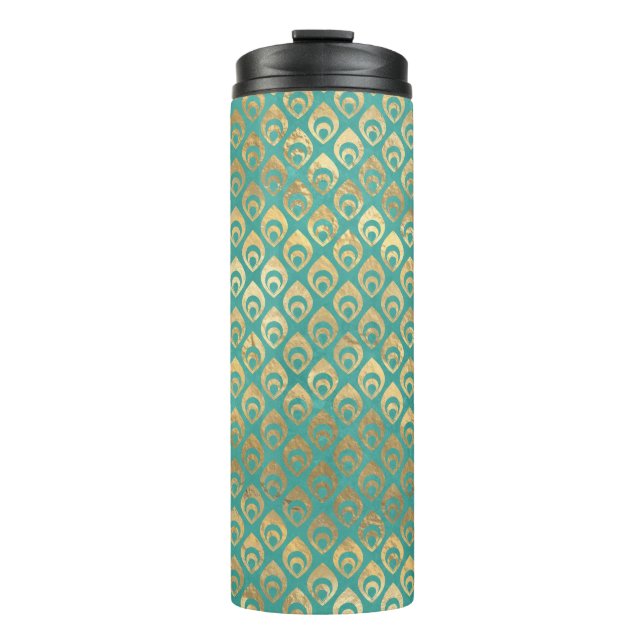 Verziertes Vintages Türkis und Goldpfau Thermosbecher (Vorderseite)