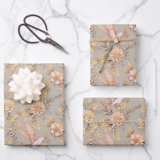 Verziertes Vogelblumenmuster Geschenkpapier Set (Vorderseite)