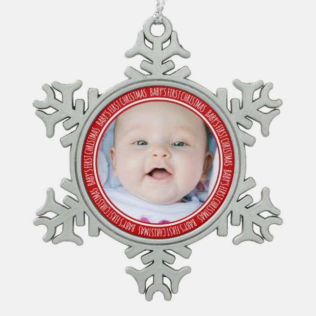Verzierungs-Rot des kundenspezifischen Foto-Babys Schneeflocken Zinn-Ornament (Vorderseite)