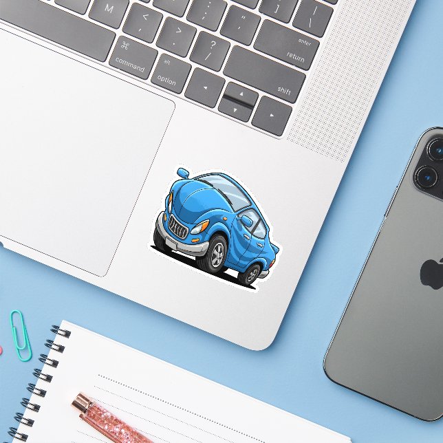 Verzogenes blaues Cartoon-Auto Aufkleber (Laptop mit iPhone)