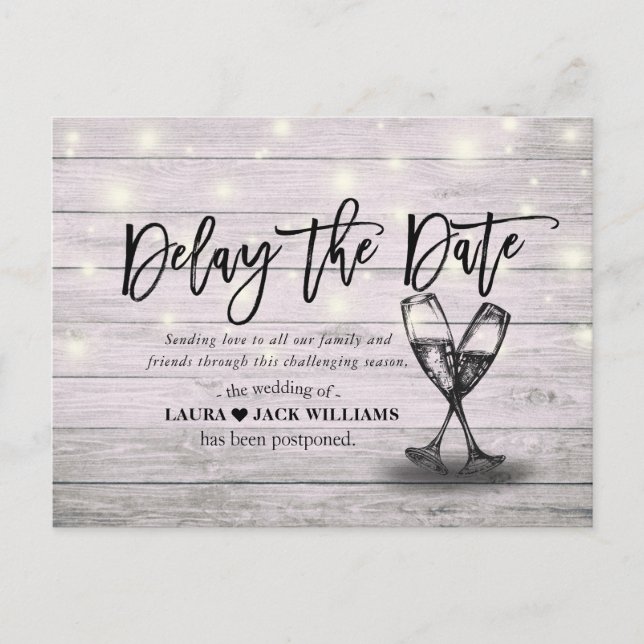 Verzögerung des Tages der Hochzeitverschiebung Ankündigungspostkarte (Vorderseite)