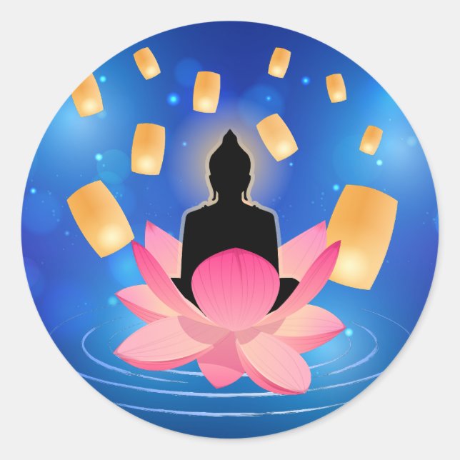 Vesak Day Buddha auf Lotus Lantern Vaisakha Runder Aufkleber (Vorderseite)
