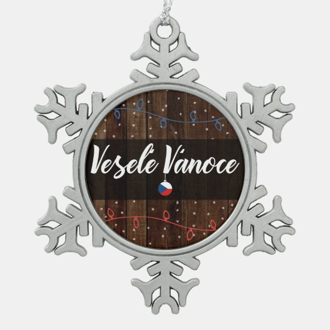 Veselé Vánoce tschechische frohe Weihnachten, Schneeflocken Zinn-Ornament (Vorderseite)