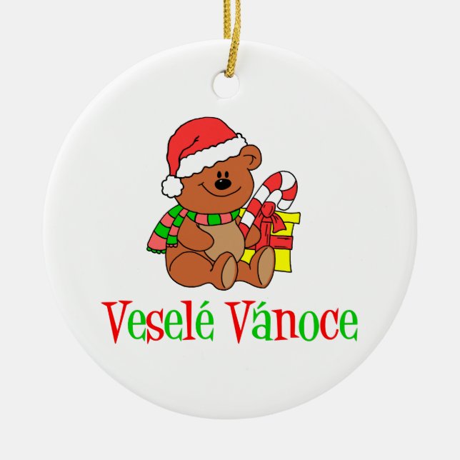 Vesele Vanoce tschechischer Weihnachtsbär Keramik Ornament (Vorne)