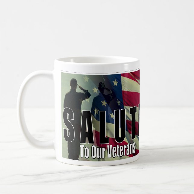 Veteranen Tasse (A dynamic close-up of a coffee mug featuring a bold design that reads 'SALUTE To Our Veterans.)