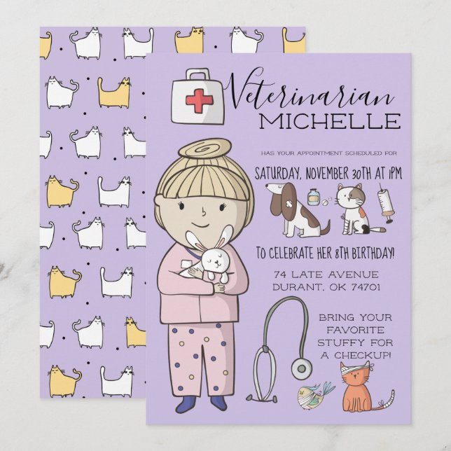 Veterinär-Themed Kids-Party Einladung (Vorne/Hinten)