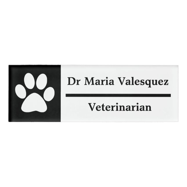Veterinärname Tag Schwarze Paw-Druck Namenschild (Vorderseite)