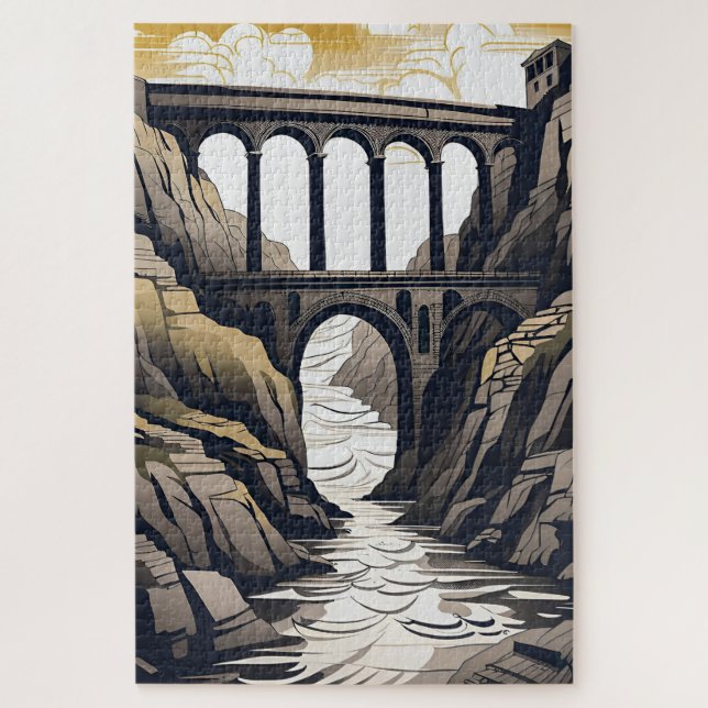 Viadukt-Brücke Wasserlinie Berge Landschaft Puzzle (Vertikal)
