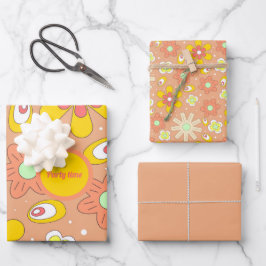 Vibes Peach Color Summer Pattern der 70er Jahre Geschenkpapier Set