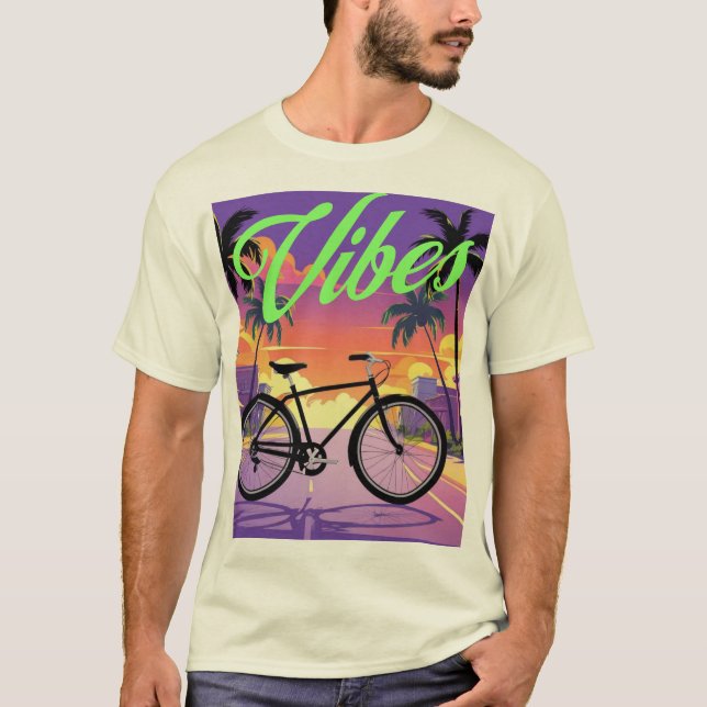 "Vibes" Retro Bicycle Sunset City T-Shirt (Vorderseite)