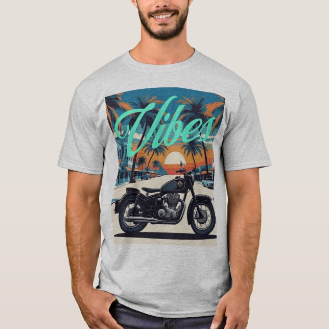 "Vibes" Retro Motorrad Sunset Street T-Shirt (Vorderseite)