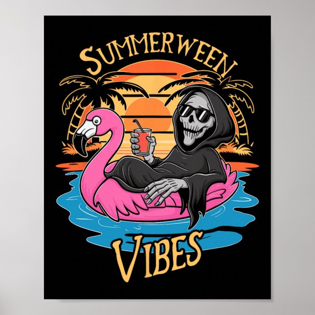 Vibes Skeleton Flamingo Spooky Halloween Summer Poster (Vorne)