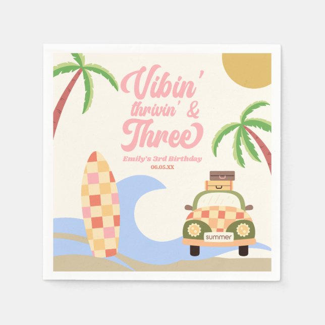 Vibin' & Three Surf Pink 3. Geburtstag Party Serviette (Vorderseite)