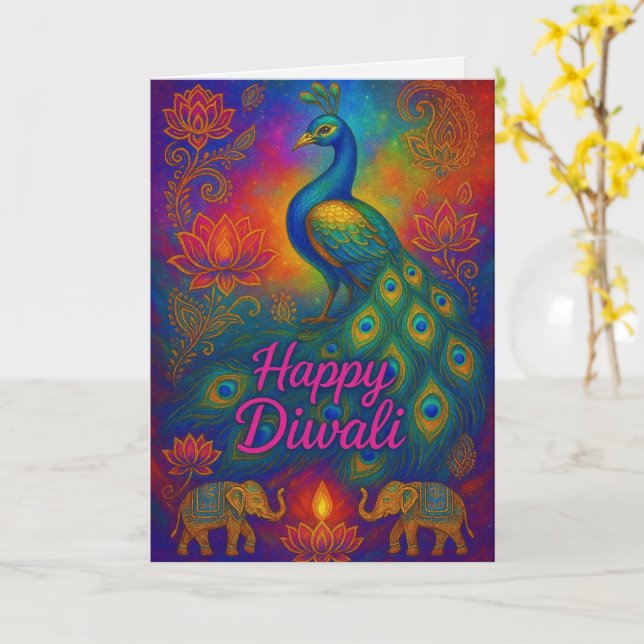 Vibranding Peacock & Lotus Happy Diwali Gruß Karte (Gelbe Blume)