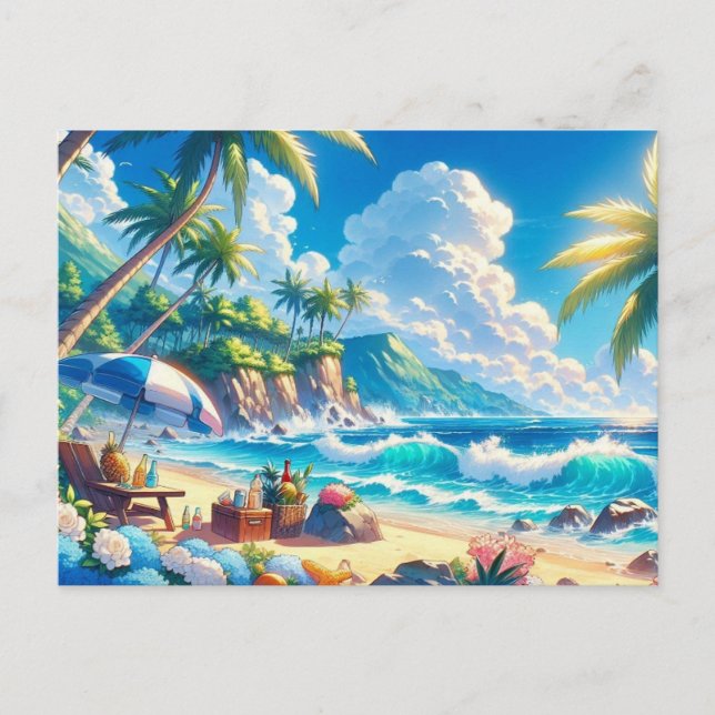 Vibranend Tropical Island Beach Watercolor Postkarte (Vorderseite)