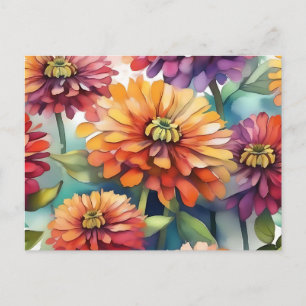 Vibranend Zinnia Blooms Abstrakte Wasserfarbe Postkarte