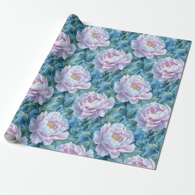 Vibranly Blue and Pink Peony Floral Geschenkpapier (Ungerollt)