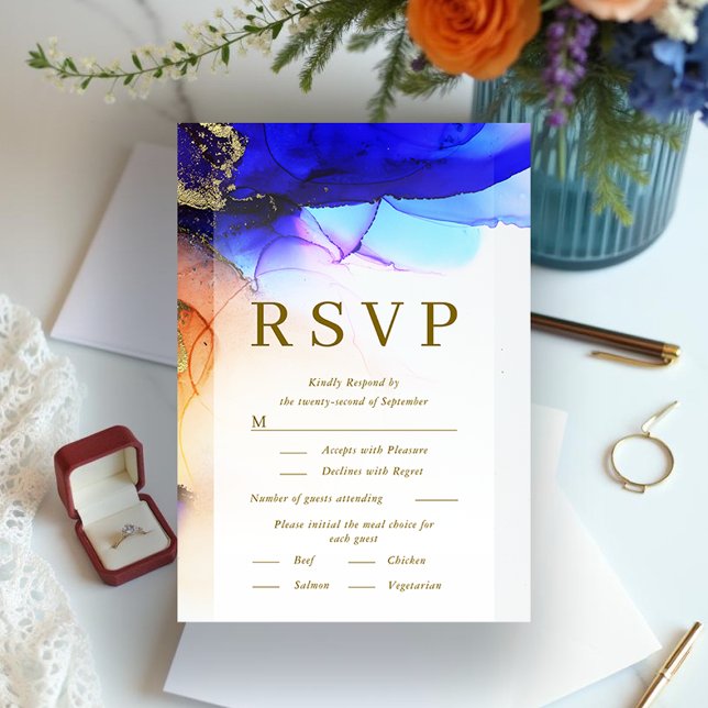 Vibranly Blue Orange Gold Wedding RSVP Card (Vibrant Blue Orange Gold Wedding RSVP Card.)
