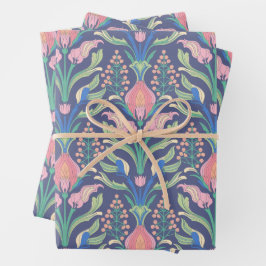 Vibranly Pink Green Blue Art Nouveau Floral Geschenkpapier Set