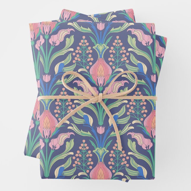 Vibranly Pink Green Blue Art Nouveau Floral Geschenkpapier Set (Beispiel)