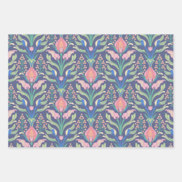 Vibranly Pink Green Blue Art Nouveau Floral Geschenkpapier Set