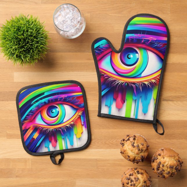 Vibranly Rainbow Eye Artwork Ofenhandschuh & Topflappen-Set (Oben Unten)