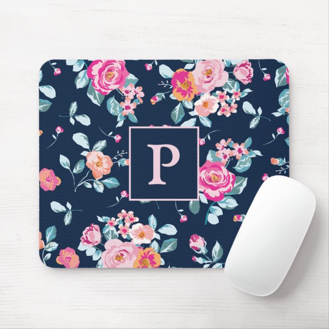 Vibrannendes rosa Roses Floral Monogramm Mousepad (Mit Mouse)