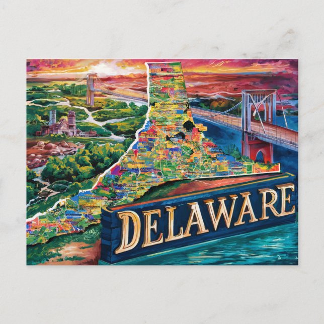 Vibrannt Delaware Map Art Postkarte (Vorderseite)