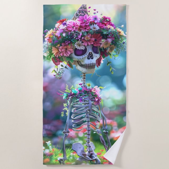 Vibrannt Hippie Skeleton Blumengarten Strandtuch (Vorderseite)