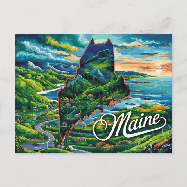 Vibrannt Maine Map Art Postkarte (Vorderseite)