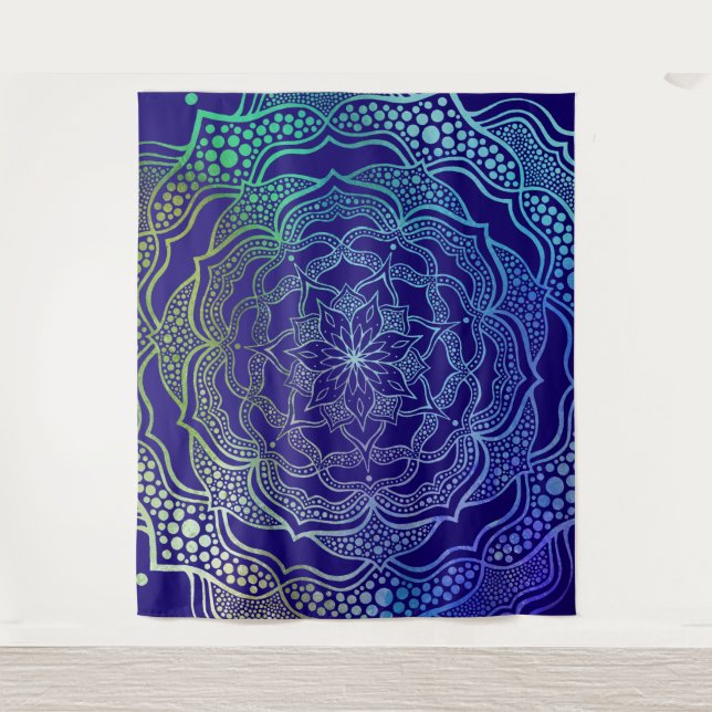 Vibrannt Mandala Boho Chic Elegant Navy Blue Green Wandteppich (Vorderseite)