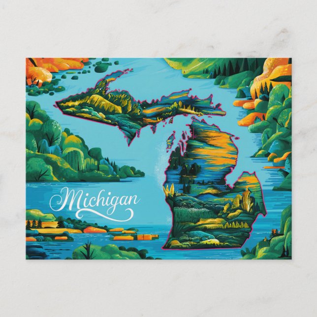 Vibrannt Michigan Map Art Postkarte (Vorderseite)