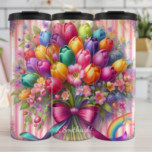 Vibrannt Tulip Bouquet Rainbow Ribbon Thermosbecher