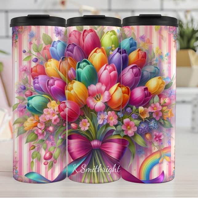 Vibrannt Tulip Bouquet Rainbow Ribbon Thermosbecher (Von Creator hochgeladen)