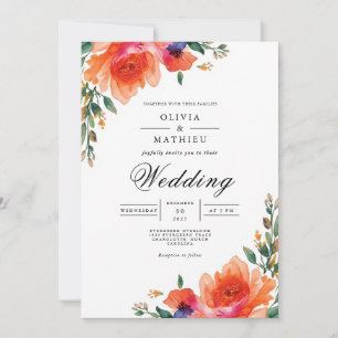 Vibrannte Coral Floral Arch Wedding Einladung