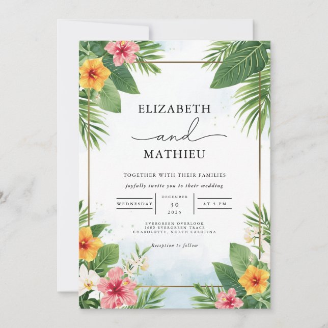 Vibrannte Tropical Palm Arch Wedding Einladung (Vorderseite)