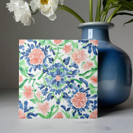Vibrannte Watercolor Coral Navy Floral Medallion Fliese
