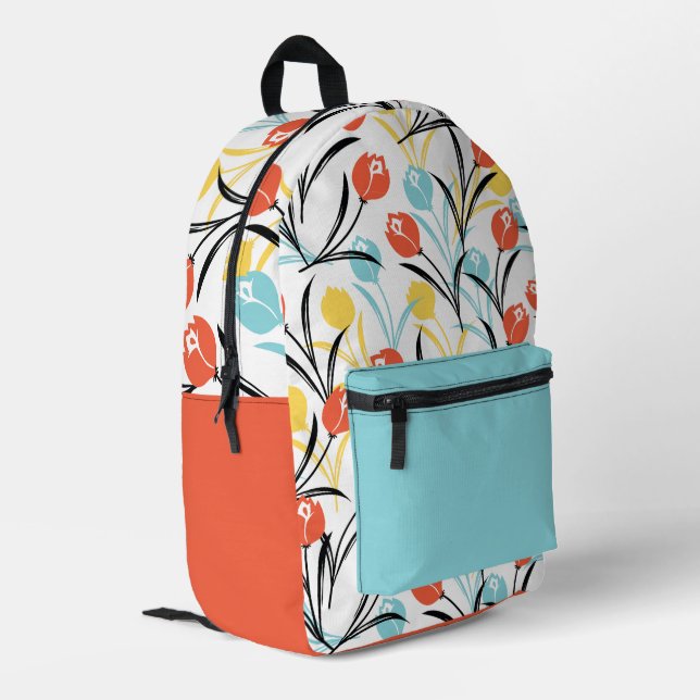 Vibranntes Tulip Muster Blumendesign auf Weiß Bedruckter Rucksack (Rückseitige Ecke links)