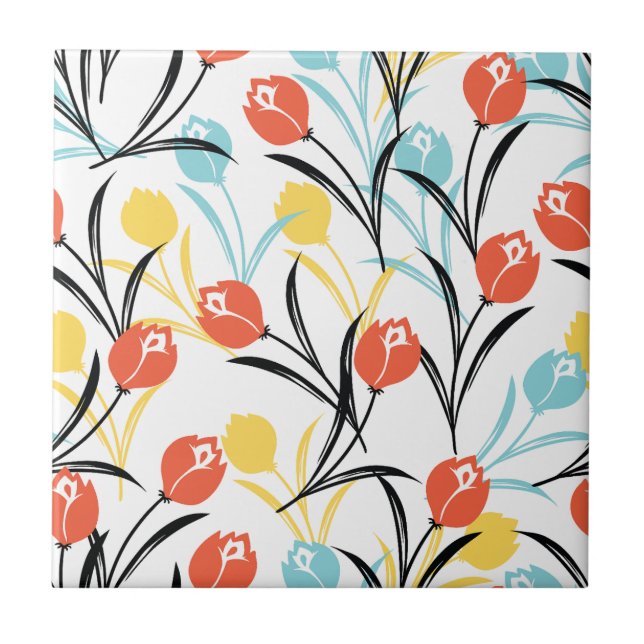 Vibranntes Tulip Muster Blumendesign auf Weiß Fliese (Vorderseite)