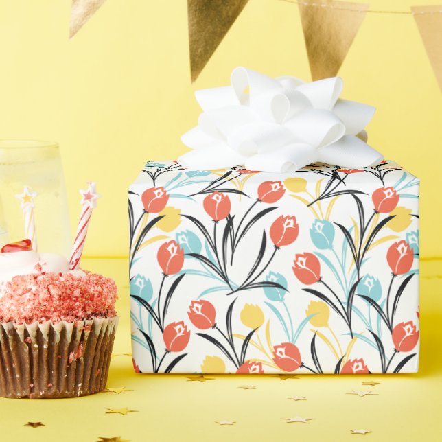 Vibranntes Tulip Muster Blumendesign auf Weiß Geschenkpapier (Geburtstagsparty)
