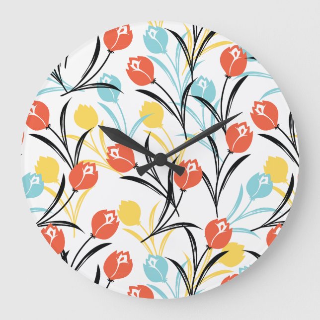 Vibranntes Tulip Muster Blumendesign auf Weiß Große Wanduhr (Vorderseite)