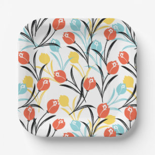Vibranntes Tulip Muster Blumendesign auf Weiß Pappteller