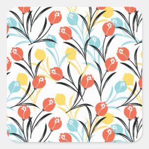 Vibranntes Tulip Muster Blumendesign auf Weiß Quadratischer Aufkleber