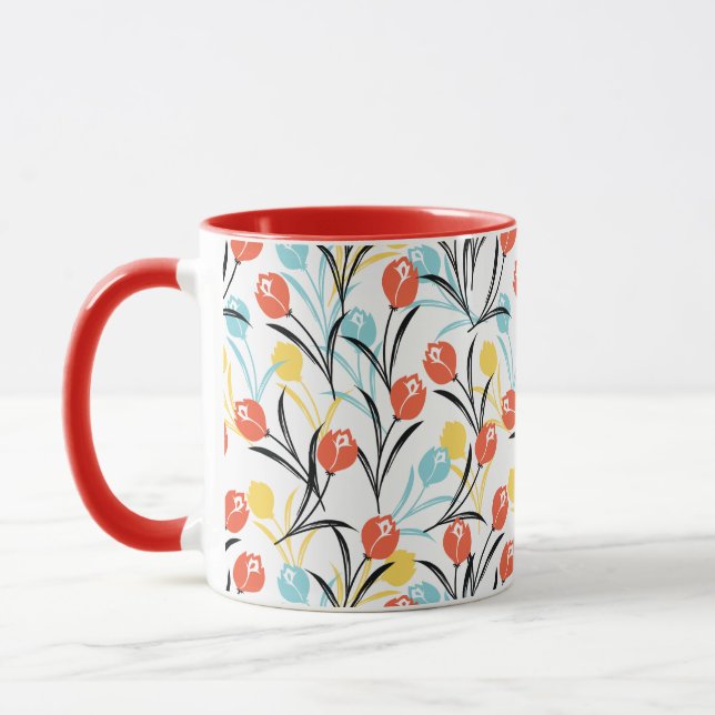 Vibranntes Tulip Muster Blumendesign auf Weiß Tasse (Links)